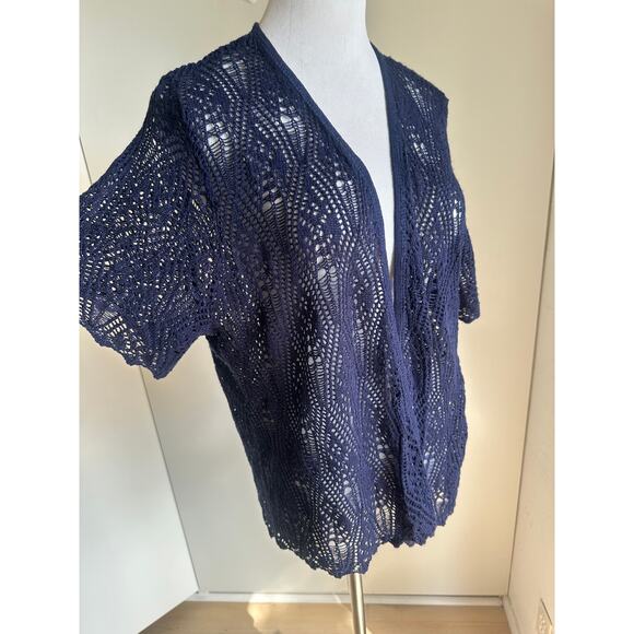 90s Crochet Cardigan Knit Top Blue Size XL BOho Indie Vibes Layering Pieces - Picture 6 of 10